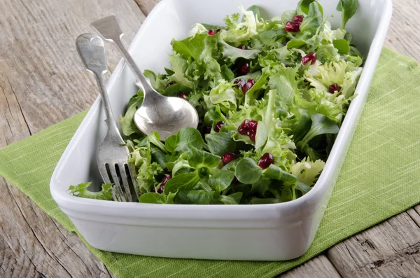 Fräsch sallad med granatäpple utsäde i en vit skål — Stockfoto