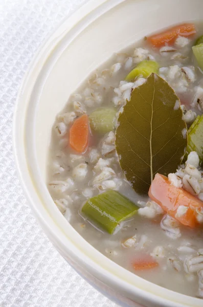 Vegetarian pearl barley soup in a terrine — Stock Photo, Image