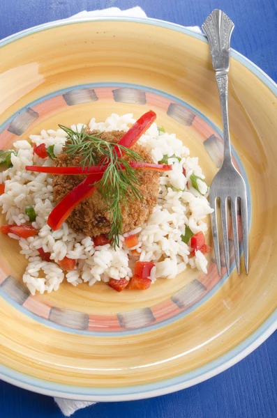 Thai salmon fishcake with rice on a plate — Stock Photo, Image