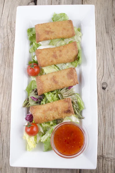 Rollos de primavera chinos en un plato — Foto de Stock