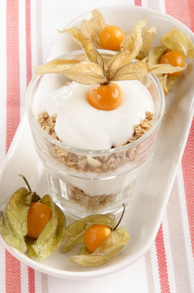 Yogurt with physalis in a glass — Stock Photo, Image