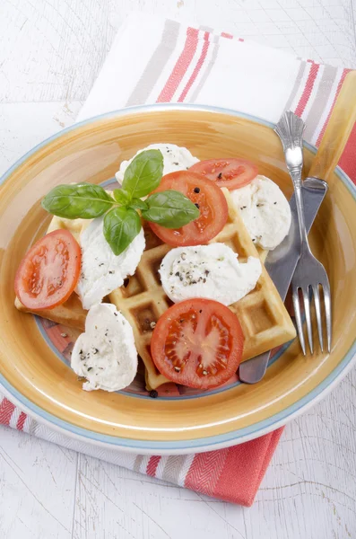 Home made waffle with cheese and tomato — Stock Photo, Image