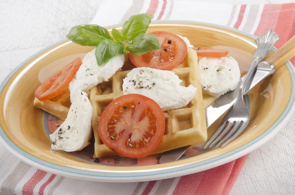 Home made waffle with cheese and tomato — Stock Photo, Image