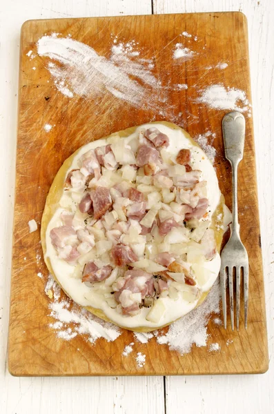 Tarte flambee with onion and bacon — Stock Photo, Image