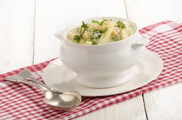 Asparagus cream soup with asparagus tips — Stock Photo, Image