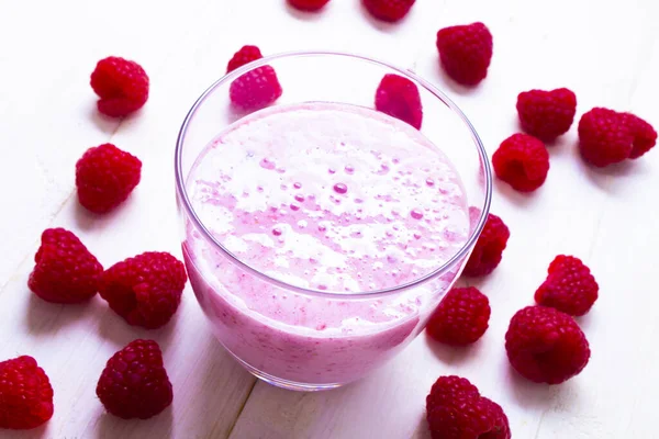 Cold Milkshake Made Fresh Raspberries Glass — Stock Photo, Image