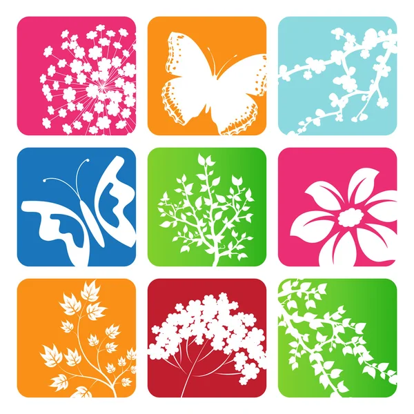 Colección de hojas vectoriales, rama de sakura, Mariposas y flores — Vector de stock