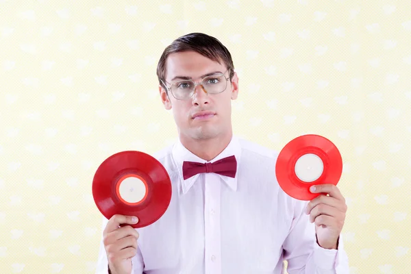 Geek with Vinyl Record — Stock fotografie