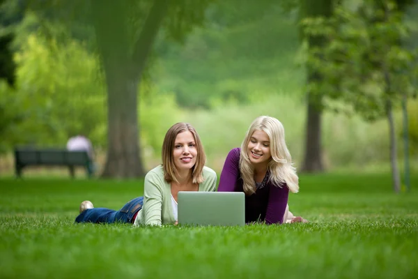 Mulheres usando laptop no parque — Fotografia de Stock