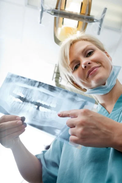 Dentista Feminino Mostrando Imagem de Raios-X na Clínica — Fotografia de Stock