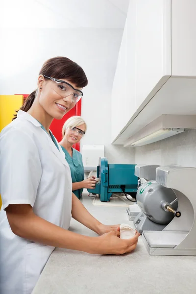 Dentist Holding Dental Plaster Mold With Assistant At Clinic — Stock Photo, Image