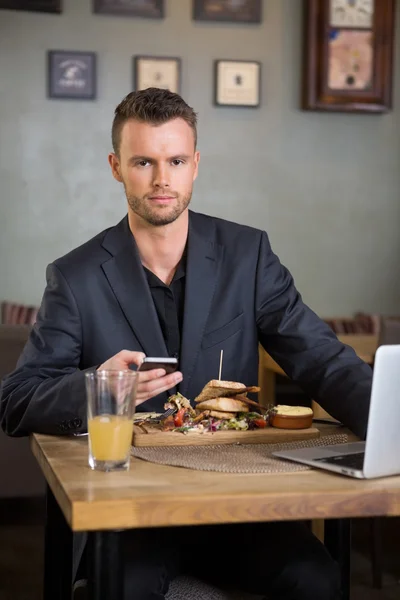 Uomo d'affari con cellulare e computer portatile avendo sandwich — Foto Stock