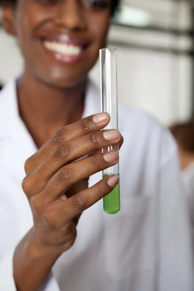 Lärare håller kemisk lösning i provrör — Stockfoto