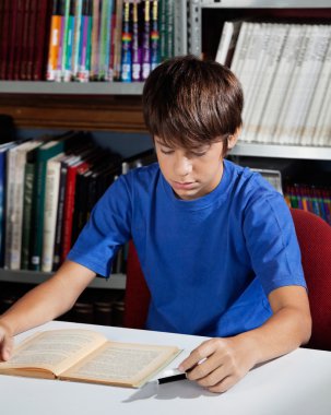Genç okullu çocuk okuma kitap kütüphane
