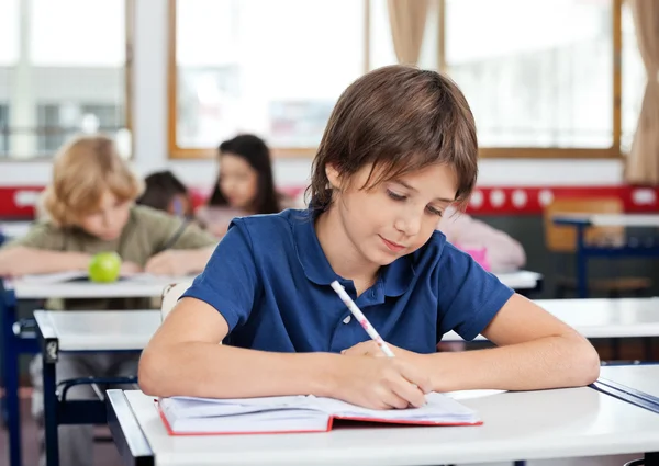 Schooljongen schrijven in boek bij receptie — Stockfoto