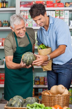 Salesman Assisting Male Customer In Shopping Vegetables