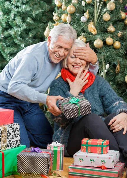 Mann überrascht Seniorin mit Weihnachtsgeschenken im Geschäft — Stockfoto