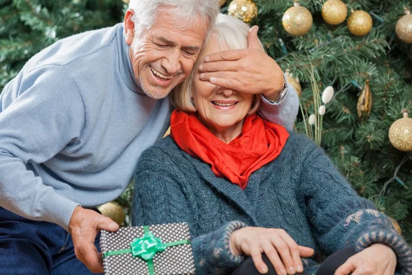 Hombre sorprendente mujer mayor con regalos de Navidad — Foto de Stock