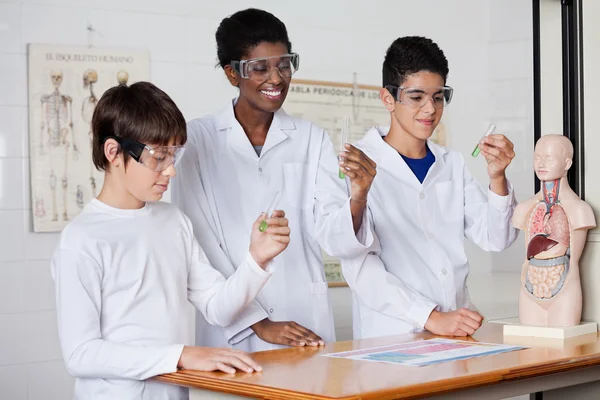 Professor com estudantes que examinam a solução química — Fotografia de Stock