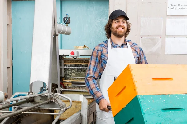 Beekeeper With Trolley Of Stacked Honeycomb Crates — Stock Photo, Image