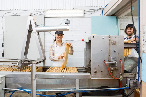 Apicultores que trabajan en la planta de extracción de miel — Foto de Stock