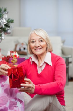 Happy Senior Woman With Christmas Gift