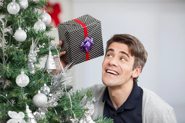 Neugieriger Mann hält Geschenk am Weihnachtsbaum — Stockfoto