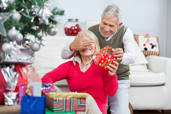 Šťastný muž, pokrývající ženské oči zároveň dává vánoční dárek — Stock fotografie