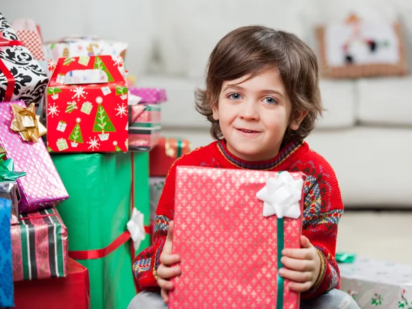 Cute Boy With Holding Christmas Present Royalty Free Stock Photos