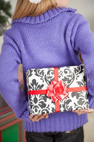 Chica ocultando regalo de Navidad detrás de nuevo — Foto de Stock