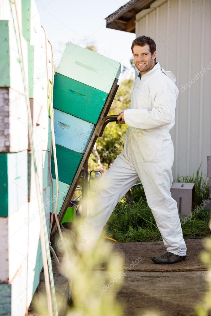 Beekeeper Smiling While Loading Stacked Honeycomb Crates In Truc