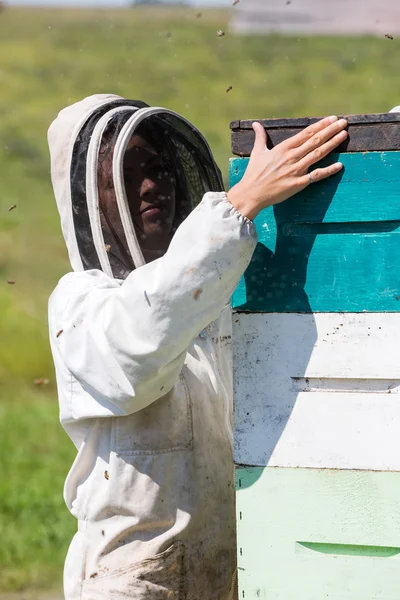 Θηλυκό μελισσοκόμος που εργάζεται στο μελισσοκομείο — Φωτογραφία Αρχείου