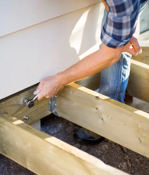 Carpenter's Hand Tightening Bolt With Wrench — Stock Photo, Image