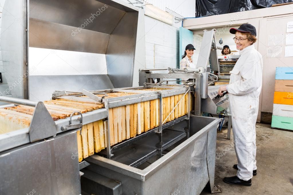 Beekeeper Working On Honey Extraction Plant In Factory