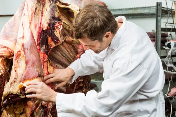 Metzger checkt Seite des Rindfleisches — Stockfoto