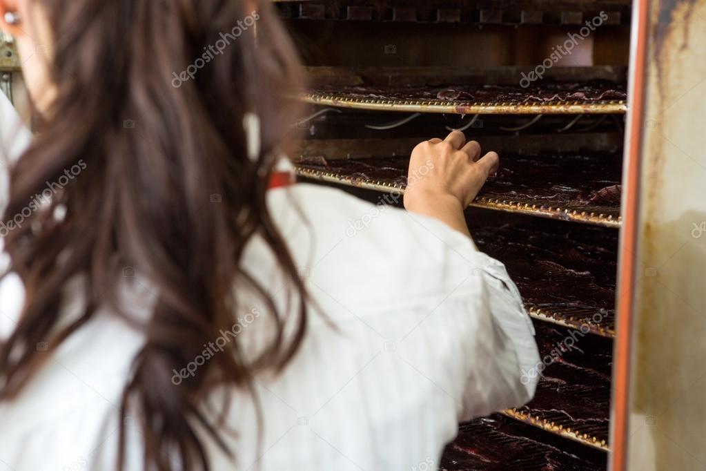 Female Butcher Standing By Oven In Shop