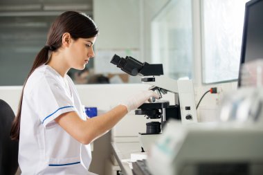 Laboratuarda mikroskop kullanarak kadın bilim adamı
