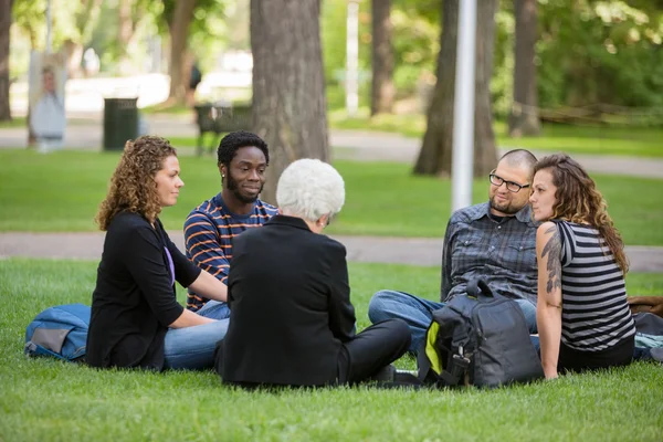 Amigos multiétnicos relaxando na grama no campus — Fotografia de Stock
