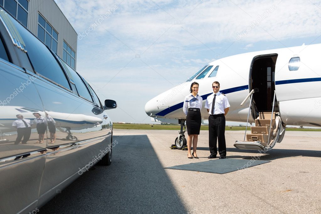 Flight Attendant And Pilot Neat Limousine And Private Jet