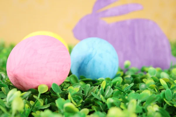 Conejo con coloridos huevos de Pascua — Foto de Stock