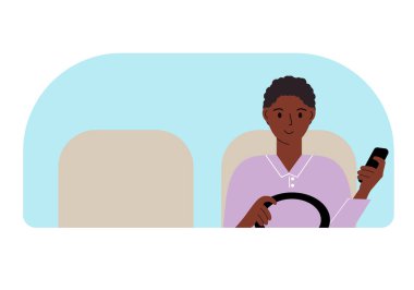 Bir elinde araba, diğer elinde cep telefonu olan bir adamın vektör çizimi.