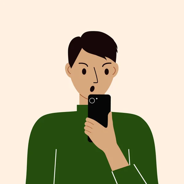 Dühös Férfi Mobiltelefonnal Elölnézetből Fényképezni Olvasni Csevegni Okostelefon Internet Függőség — Stock Vector