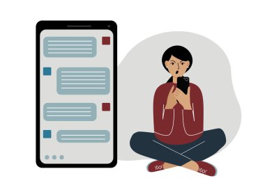 Genç bir kadın telefonda mesajlaşıyor, bacak bacak üstüne atmış oturuyor. Telefon ekranı büyük ölçekte görülebilir. Vektör illüstrasyonu.