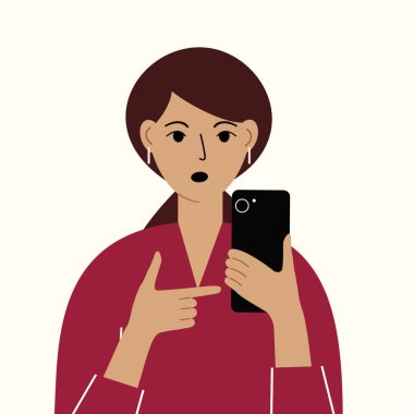 Cep telefonu olan kızgın bir kadın. Telefona işaret ediyor. Haberler. Akıllı telefon ve internet bağımlılığı. Vektör illüstrasyonu.