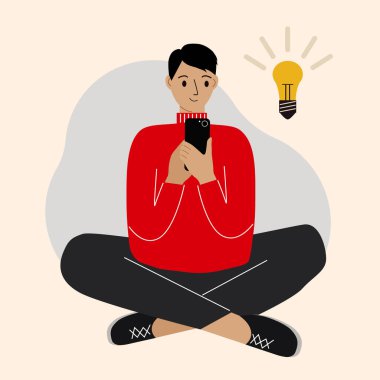 Telefonu kullanan genç bir adam bağdaş kurup fikir üretiyor. Bir fikir ve ilham bulma kavramı. Vektör illüstrasyonu.