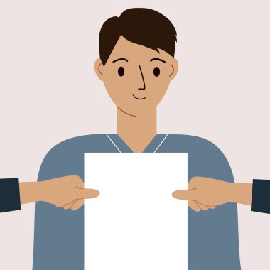 Bir adam diğerinin boş bir kağıt parçasını göstermesini izler. Bir jest olarak metin için yeri olan bir poster tavsiye edilir. Reklamcılık, reklam konsepti, web sitesi tasarımı veya iniş sayfası