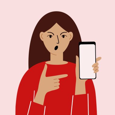 Cep telefonu olan kızgın bir kadın. Telefona işaret ediyor. Haberler. Akıllı telefon ve internet bağımlılığı. Vektör illüstrasyonu.