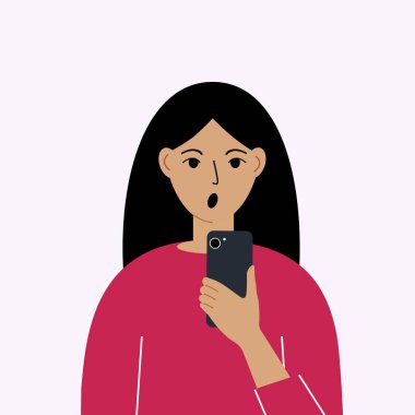 Şok olmuş bir kadın, cep telefonu, ön görüş. Fotoğraf çekmek, okumak, sohbet etmek. Akıllı telefon ve internet bağımlılığı. Vektör illüstrasyonu.