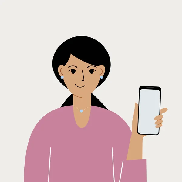 Glädjande kvinna med mobiltelefon, framifrån. Ta bilder, läsa, prata. Smartphone och internetberoende. — Stock vektor