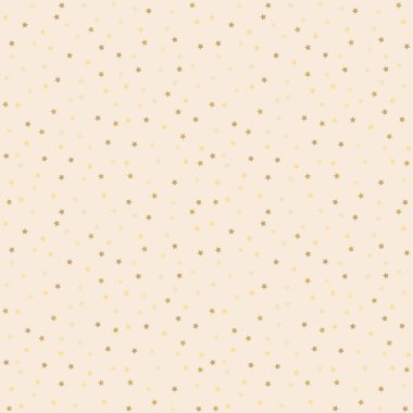 Altın yıldızlı güzel bir arka plan. Kusursuz bir tatil düzeni. Noel yıldızı. Hediye ambalaj kağıdı, kumaş, giysi, tekstil, yüzey dokusu, albüm için dekorasyon. Vektör illüstrasyonu.